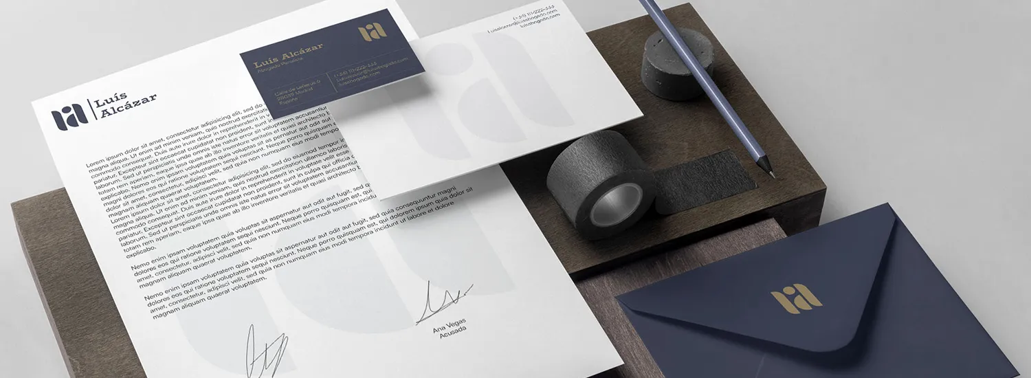 set de papelería corporativa compuesto de folio, tarjeta de visita, sobre carta y tarjeta de apuntes